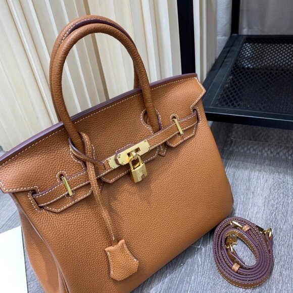 Chic Tan Leather Birkin Style Tote Bag with Gold Hardware - Picture 1 of 3